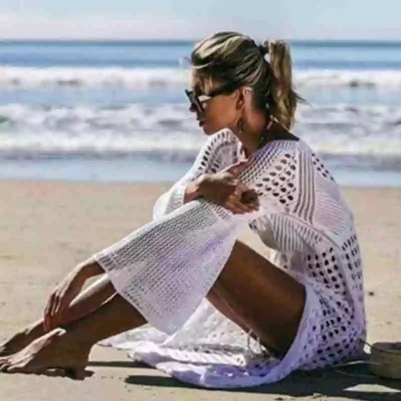 Boho White Crochet Knit Beach Dress Bikini Coverup - Picture 2 of 16